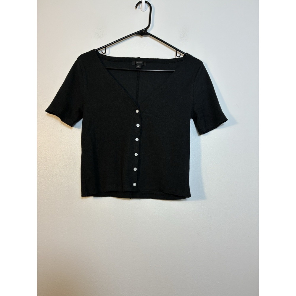 J Crew Button Up Short Sleeve V Neck Knit‎ Shirt Sz S Black Ribbed Preppy Goth